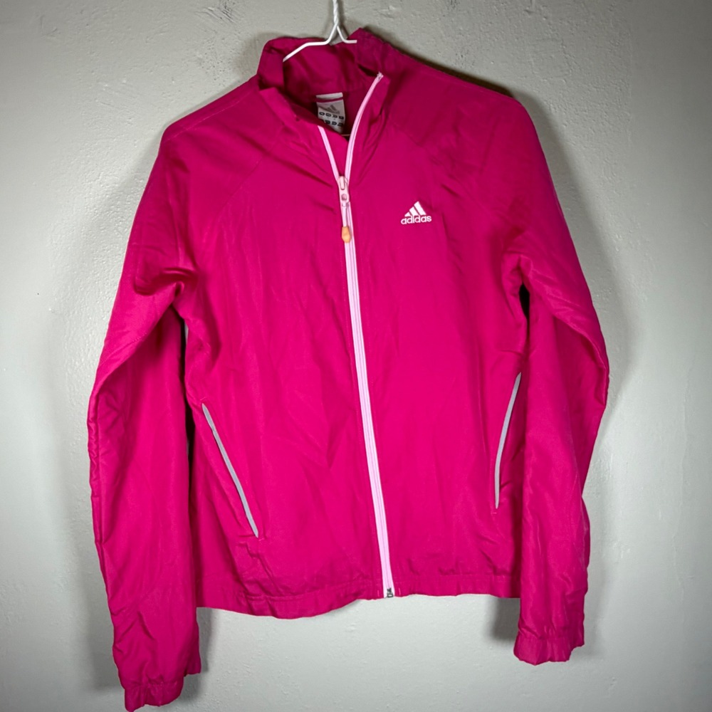 Adidas Womens Pink Full Zip Running Jacket Windbreaker Reflective Stripes Small